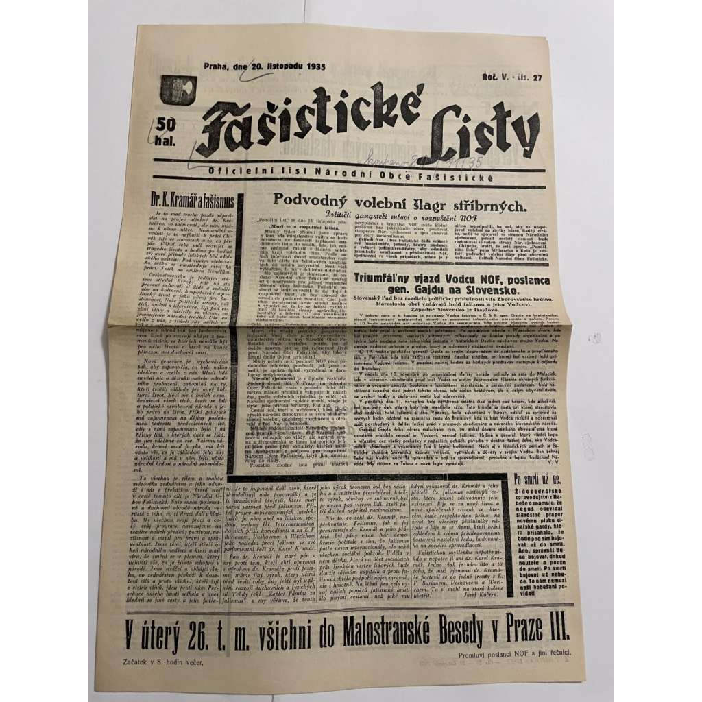 Fašistické listy, ročník V., číslo 27/1935. Oficielní list Národní obce fašistické (noviny, pravicová literatura, 1. republika)