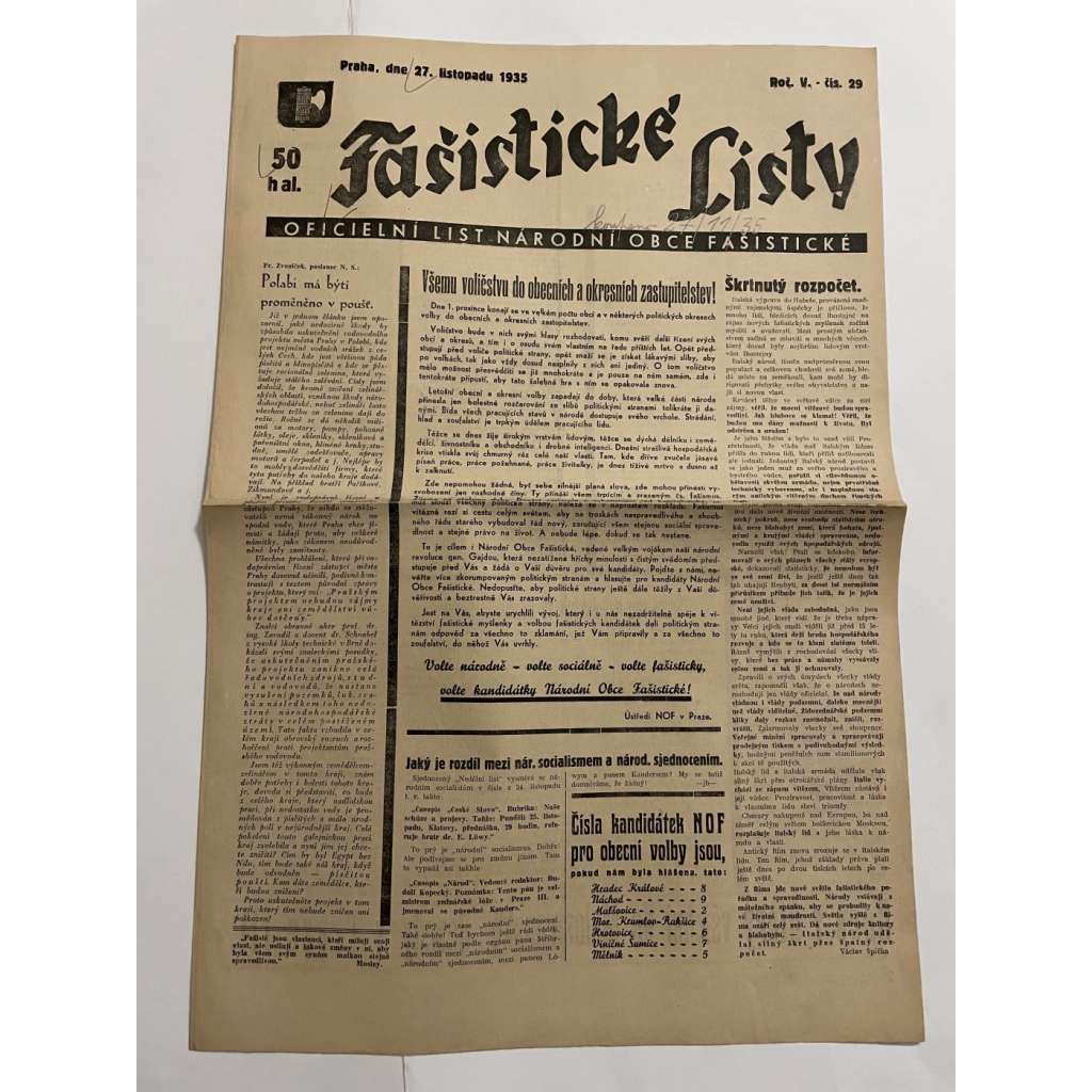 Fašistické listy, ročník V., číslo 29/1935. Oficielní list Národní obce fašistické (noviny, pravicová literatura, 1. republika)