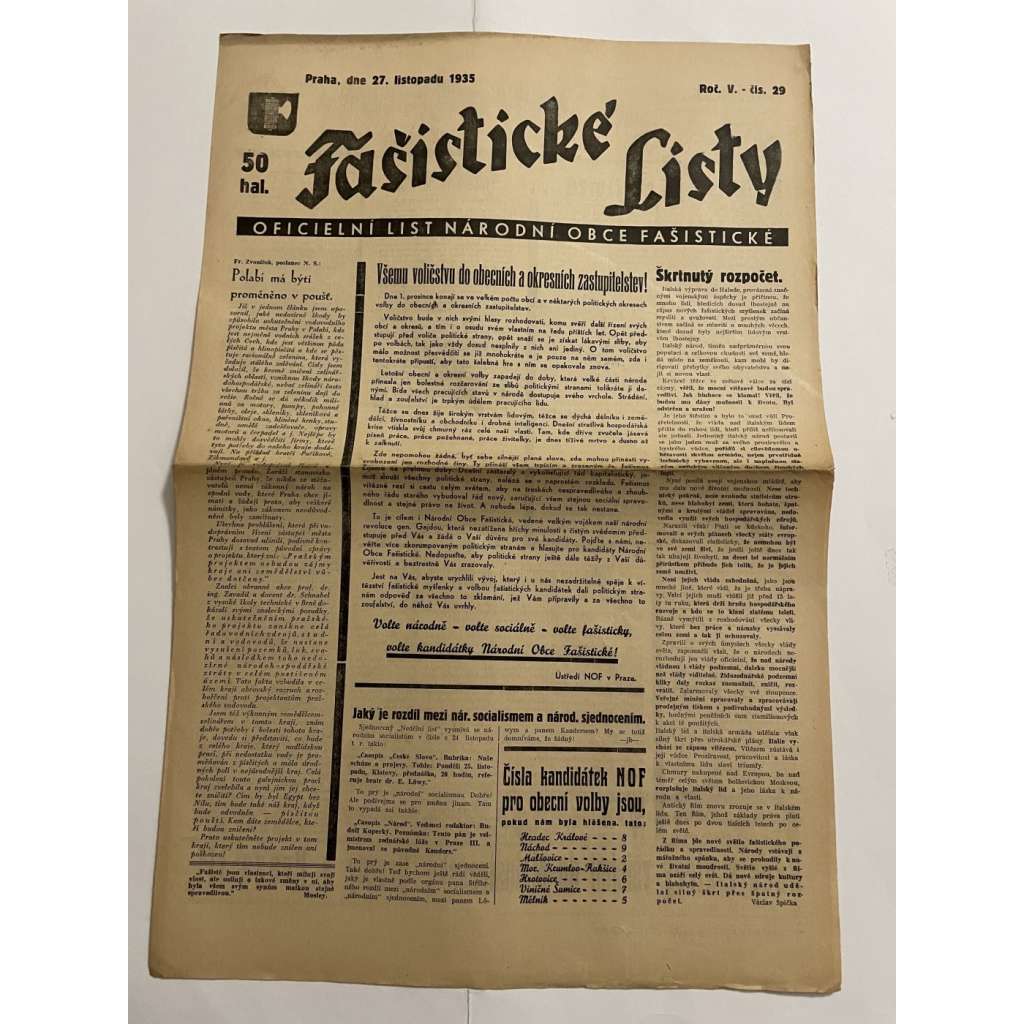 Fašistické listy, ročník V., číslo 29/1935. Oficielní list Národní obce fašistické (noviny, pravicová literatura, 1. republika)