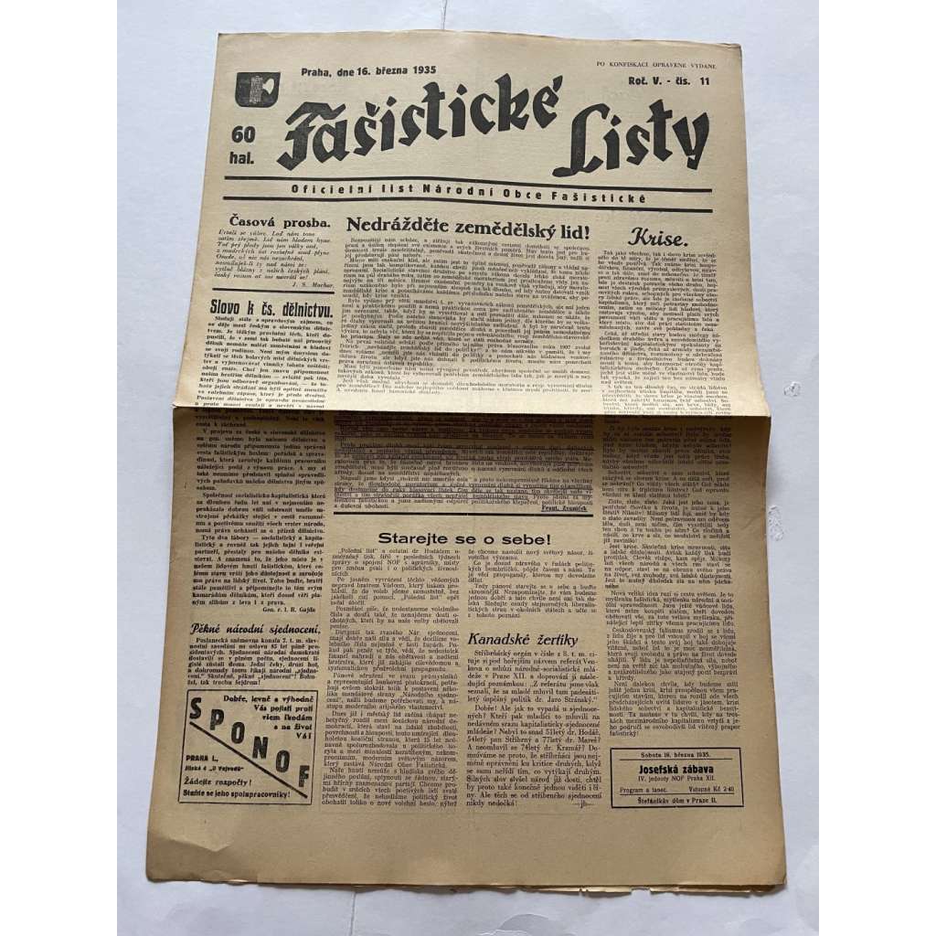 Fašistické listy, ročník V., číslo 11/1935. Oficielní list Národní obce fašistické (noviny, pravicová literatura, 1. republika)