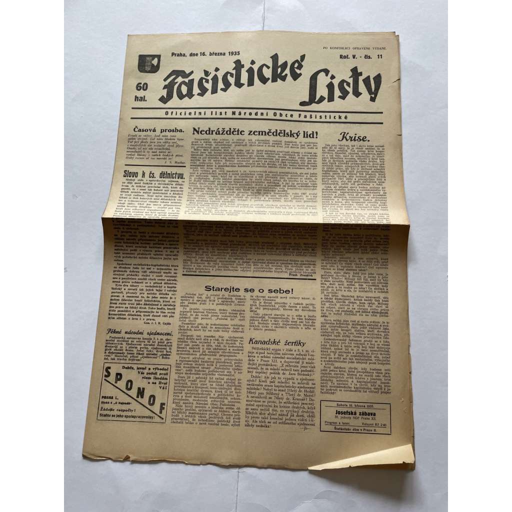Fašistické listy, ročník V., číslo 11/1935. Oficielní list Národní obce fašistické (noviny, pravicová literatura, 1. republika)