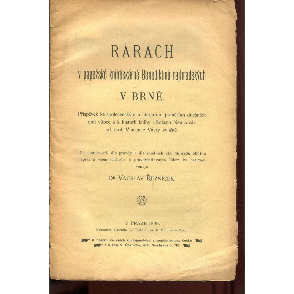 Rarach v papežské knihtiskárně Benediktinů rajhradských v Brně (Božena Němcová)