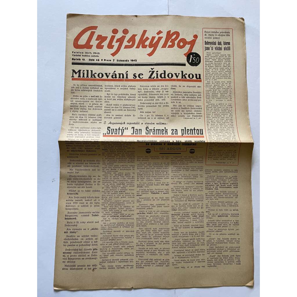 Arijský boj, ročník III., číslo 44/1942 - Ústřední list protižidovské ligy [časopis kolaborantů, nacismus, antisemitismus, protižidovské, Židé]