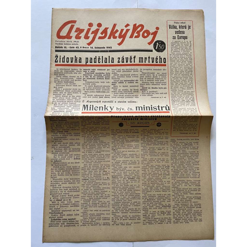 Arijský boj, ročník III., číslo 45/1942 - Ústřední list protižidovské ligy [časopis kolaborantů, nacismus, antisemitismus, protižidovské, Židé]