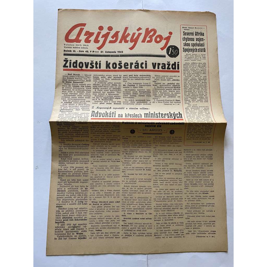 Arijský boj, ročník III., číslo 46/1942 - Ústřední list protižidovské ligy [časopis kolaborantů, nacismus, antisemitismus, protižidovské, Židé]