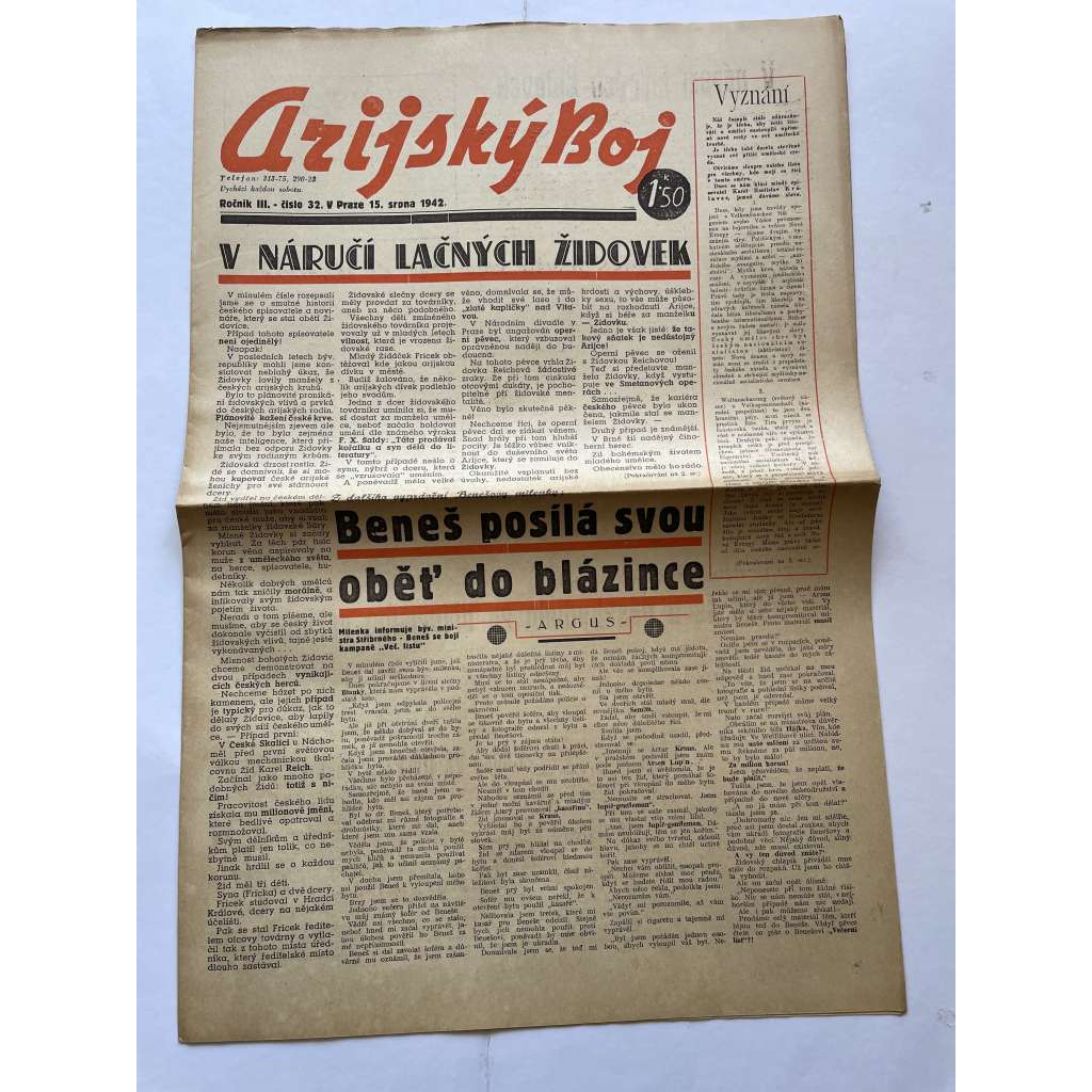 Arijský boj, ročník III., číslo 32/1942 - Ústřední list protižidovské ligy [časopis kolaborantů, nacismus, antisemitismus, protižidovské, Židé]
