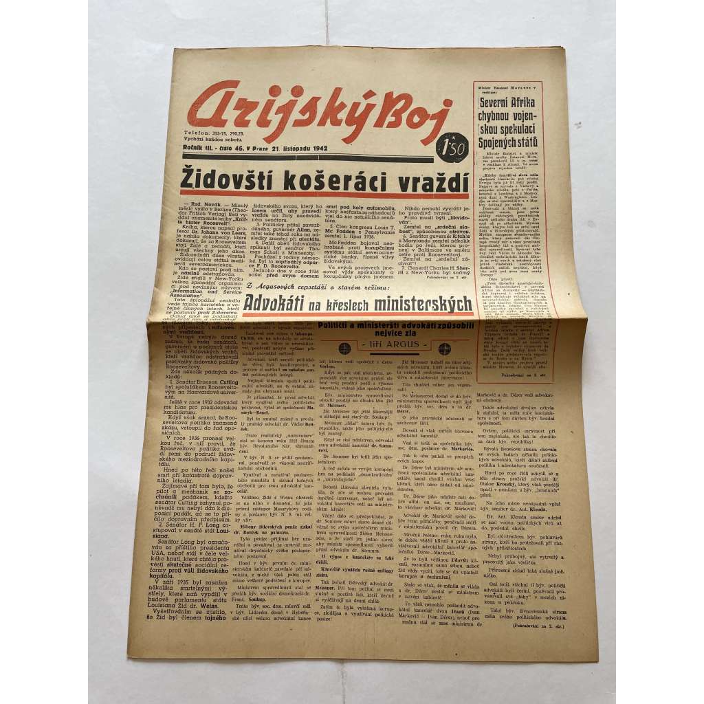 Arijský boj, ročník III., číslo 46/1942 - Ústřední list protižidovské ligy [časopis kolaborantů, nacismus, antisemitismus, protižidovské, Židé]