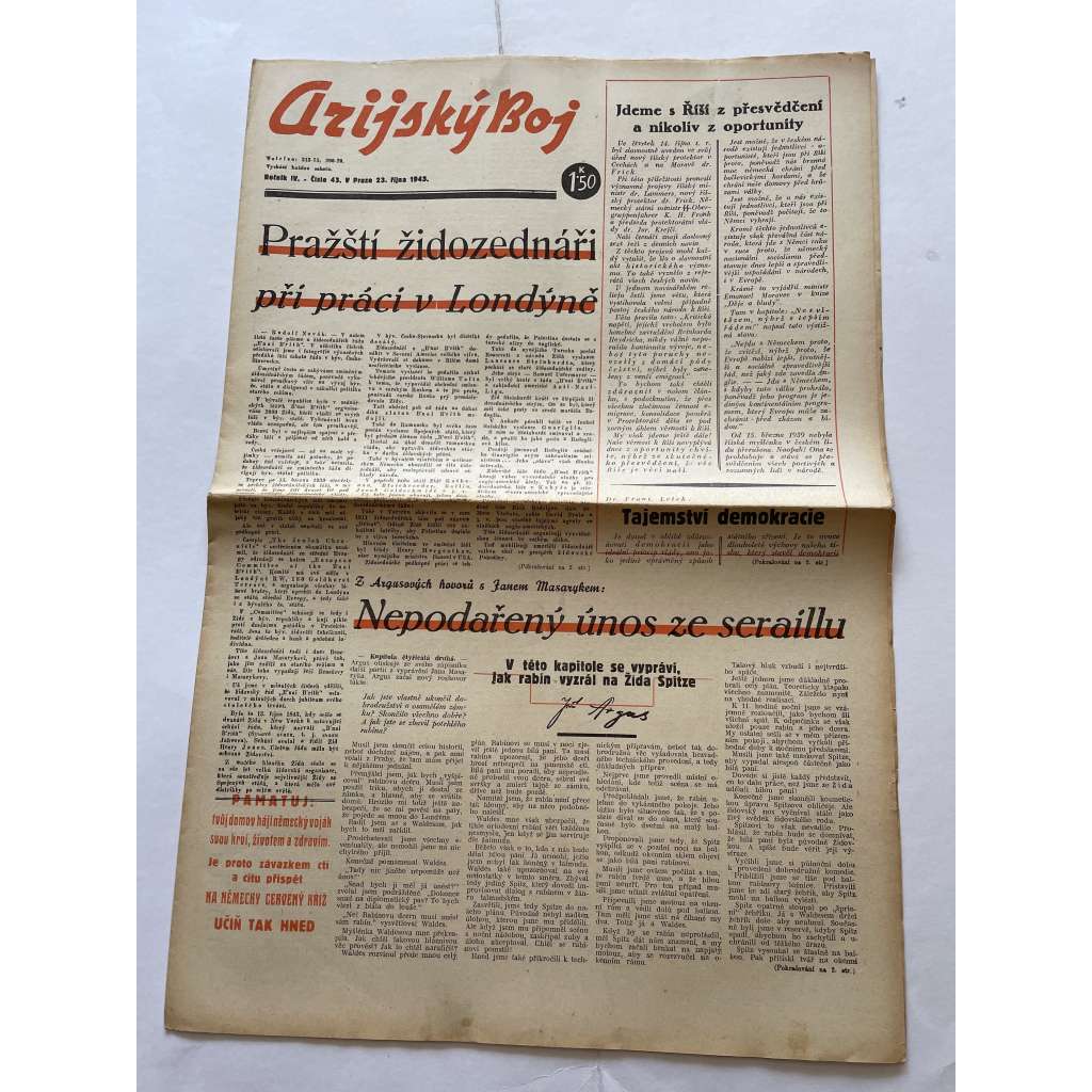 Arijský boj, ročník IV., číslo 43/1943 - Ústřední list protižidovské ligy [časopis kolaborantů, nacismus, antisemitismus, protižidovské, Židé]