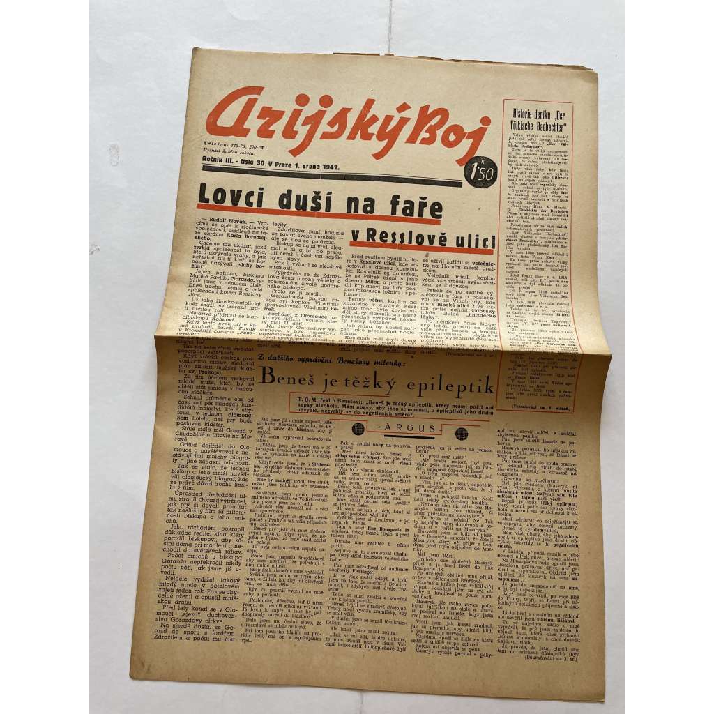 Arijský boj, ročník III., číslo 30/1942 - Ústřední list protižidovské ligy [časopis kolaborantů, nacismus, antisemitismus, protižidovské, Židé]