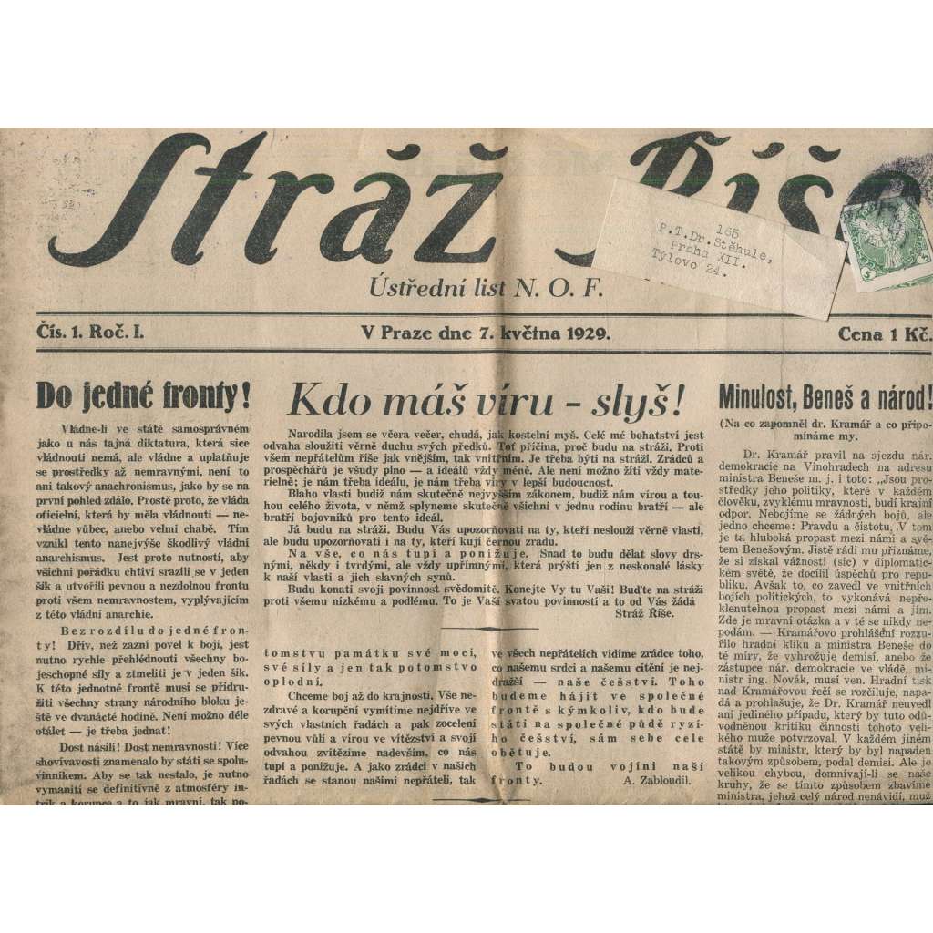 Stráž Říše, ročník I., číslo 1/1929 (noviny, 1. republika)