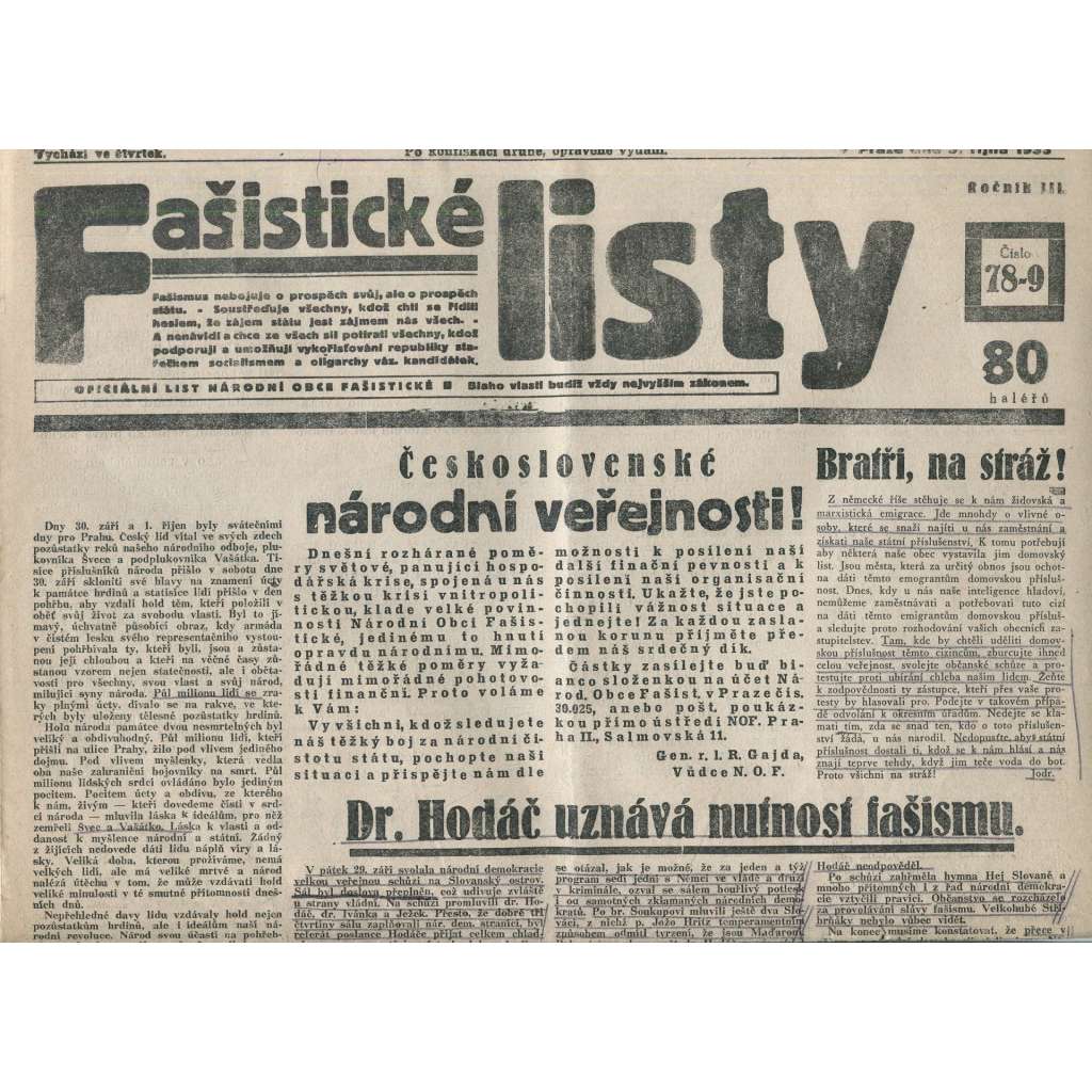 Fašistické listy, ročník III., číslo 78-79/1933. Oficiální list Národní obce fašistické (noviny, pravicová literatura, 1. republika)