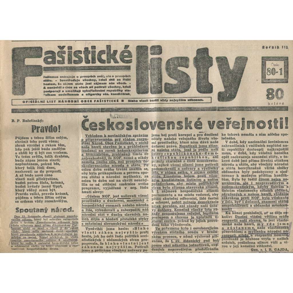 Fašistické listy, ročník III., číslo 80-81/1933. Oficiální list Národní obce fašistické (noviny, pravicová literatura, 1. republika)