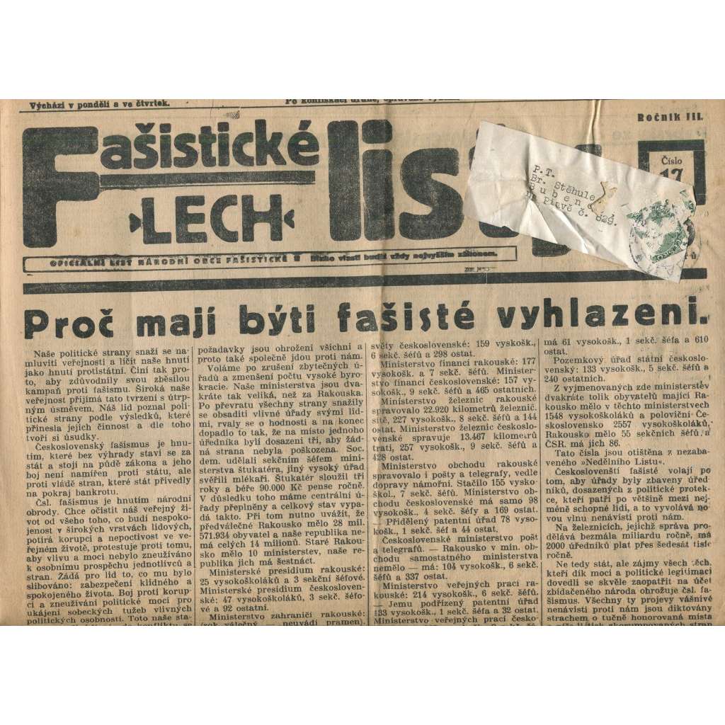Fašistické listy, ročník III., číslo 17/1933. Oficiální list Národní obce fašistické (noviny, pravicová literatura, 1. republika)