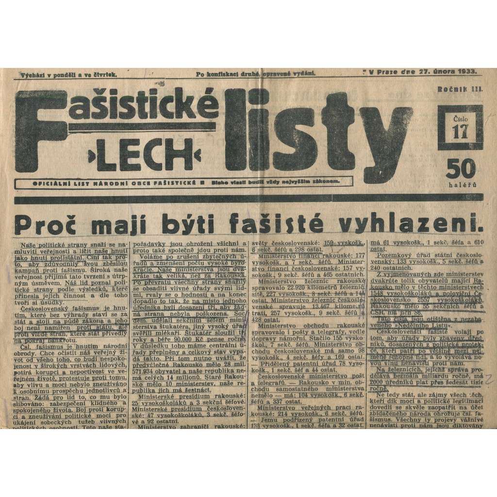 Fašistické listy, ročník III., číslo 17/1933. Oficiální list Národní obce fašistické (noviny, pravicová literatura, 1. republika)