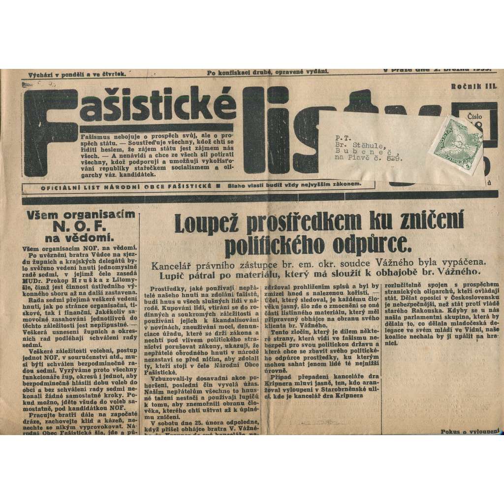 Fašistické listy, ročník III., číslo 18/1933. Oficiální list Národní obce fašistické (noviny, pravicová literatura, 1. republika)