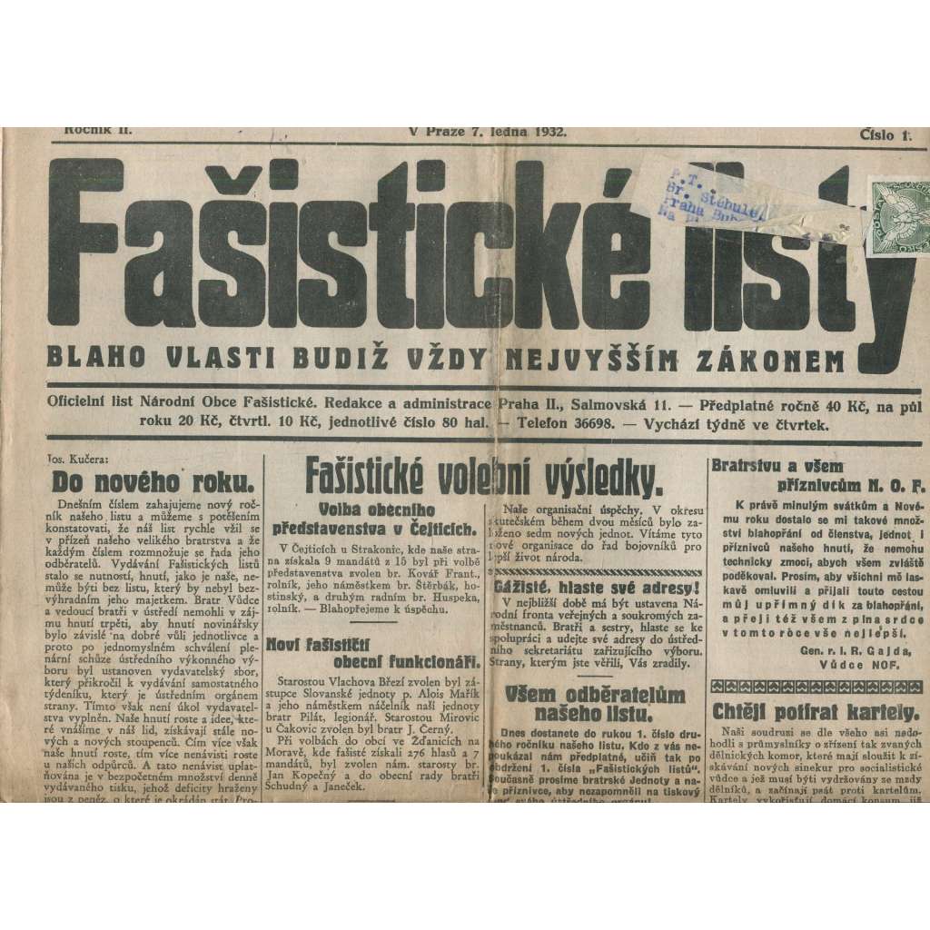 Fašistické listy, ročník II., číslo 1/1932. Oficiální list Národní obce fašistické (noviny, pravicová literatura, 1. republika)