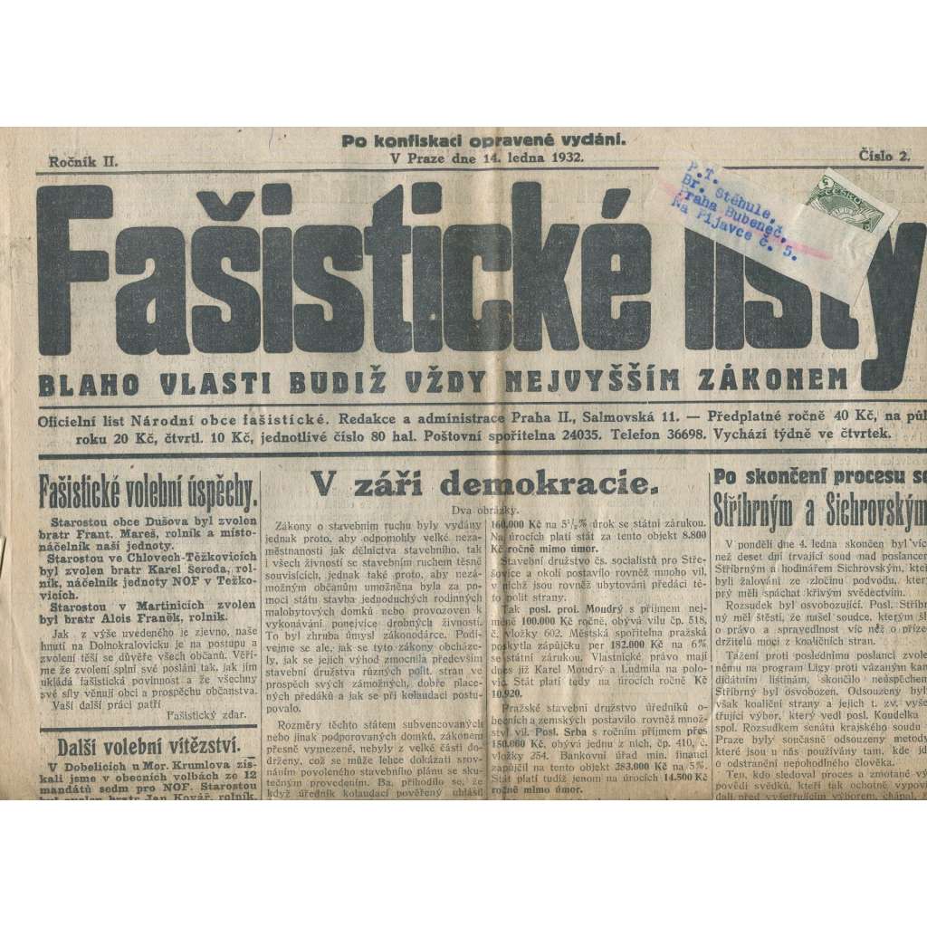 Fašistické listy, ročník II., číslo 2/1932. Oficiální list Národní obce fašistické (noviny, pravicová literatura, 1. republika)