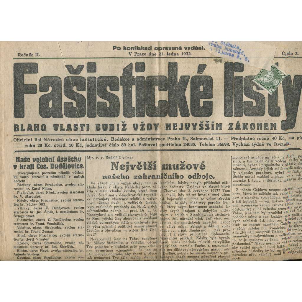Fašistické listy, ročník II., číslo 3/1932. Oficiální list Národní obce fašistické (noviny, pravicová literatura, 1. republika)