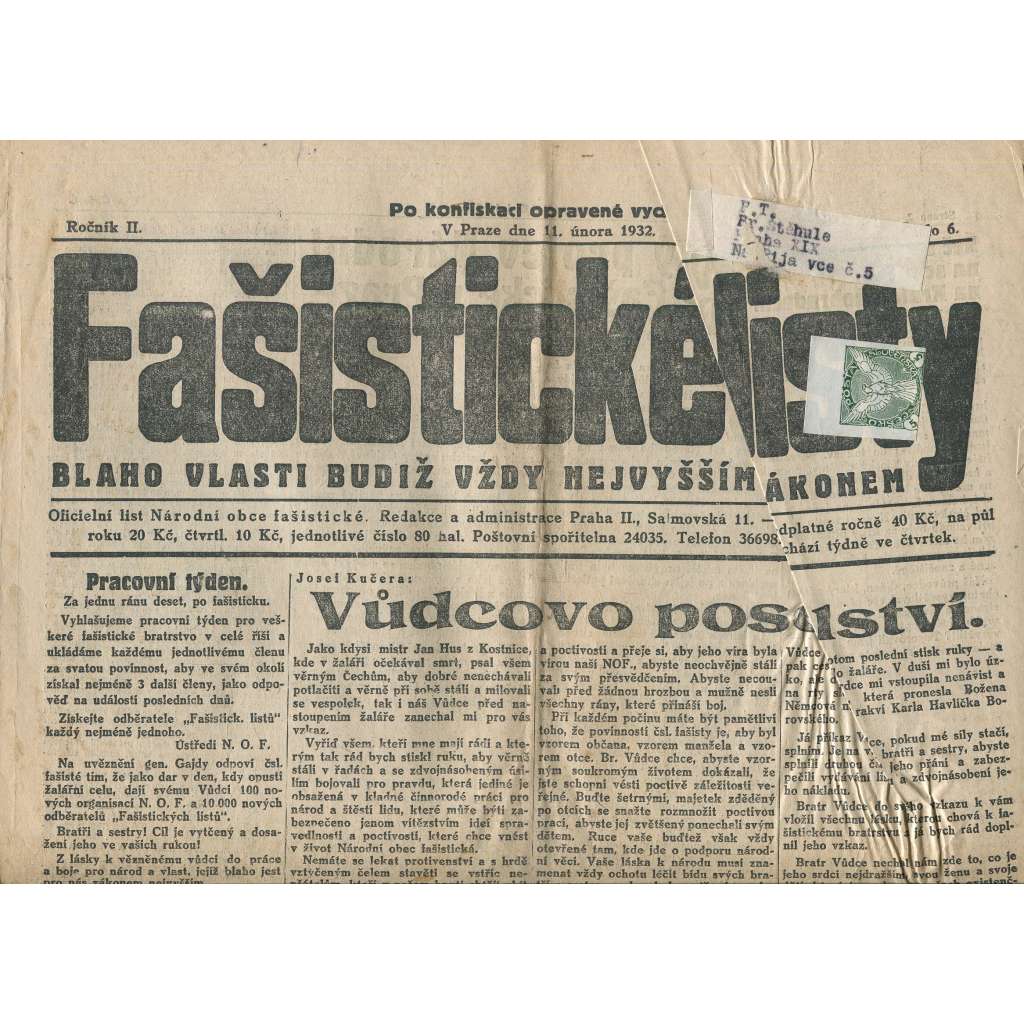 Fašistické listy, ročník II., číslo 6/1932. Oficiální list Národní obce fašistické (noviny, pravicová literatura, 1. republika)