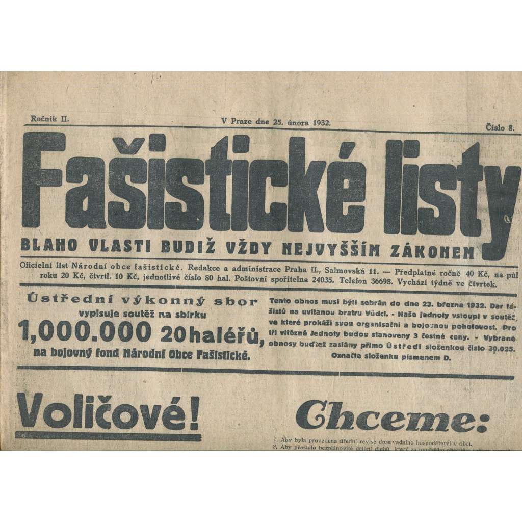 Fašistické listy, ročník II., číslo 8/1932. Oficiální list Národní obce fašistické (noviny, pravicová literatura, 1. republika)