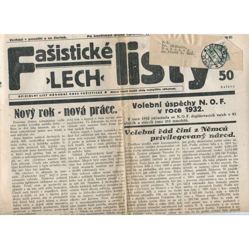 Fašistické listy, ročník III., číslo 1/1933. Oficiální list Národní obce fašistické (noviny, pravicová literatura, 1. republika)