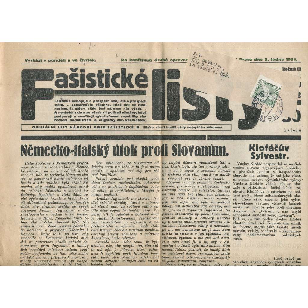 Fašistické listy, ročník III., číslo 2/1933. Oficiální list Národní obce fašistické (noviny, pravicová literatura, 1. republika)