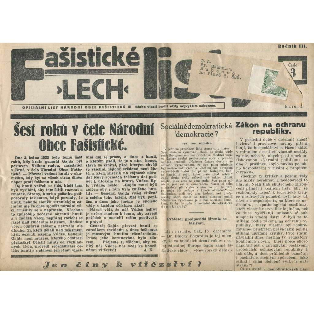 Fašistické listy, ročník III., číslo 3/1933. Oficiální list Národní obce fašistické (noviny, pravicová literatura, 1. republika)
