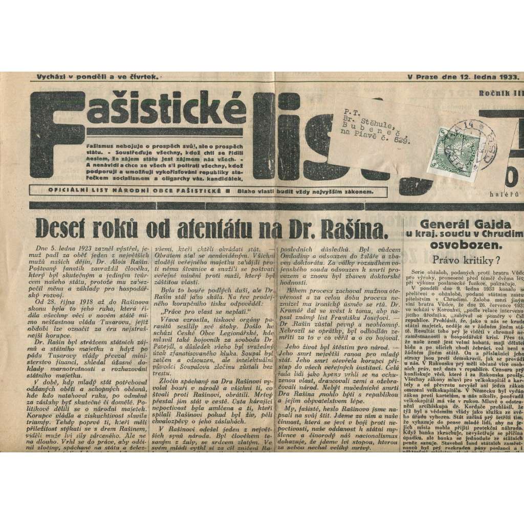 Fašistické listy, ročník III., číslo 4/1933. Oficiální list Národní obce fašistické (noviny, pravicová literatura, 1. republika)