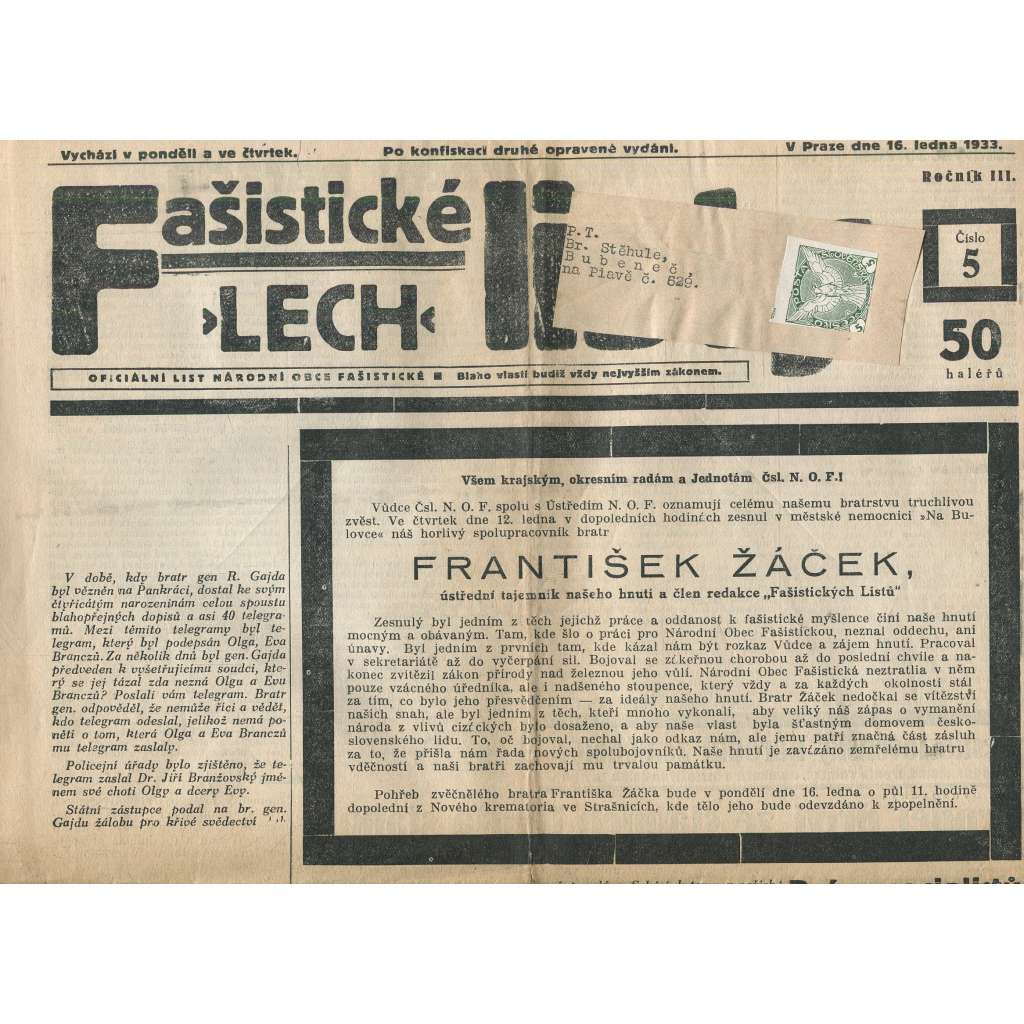 Fašistické listy, ročník III., číslo 5/1933. Oficiální list Národní obce fašistické (noviny, pravicová literatura, 1. republika)