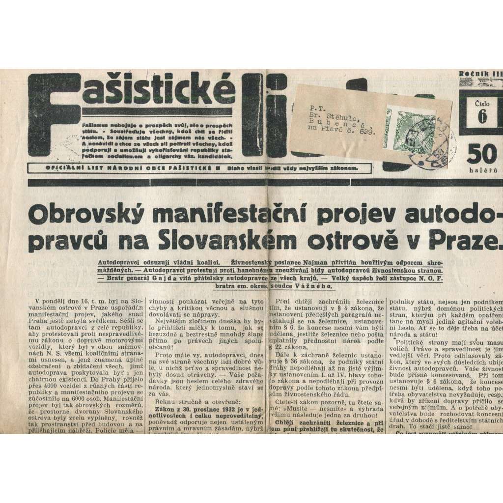 Fašistické listy, ročník III., číslo 6/1933. Oficiální list Národní obce fašistické (noviny, pravicová literatura, 1. republika)