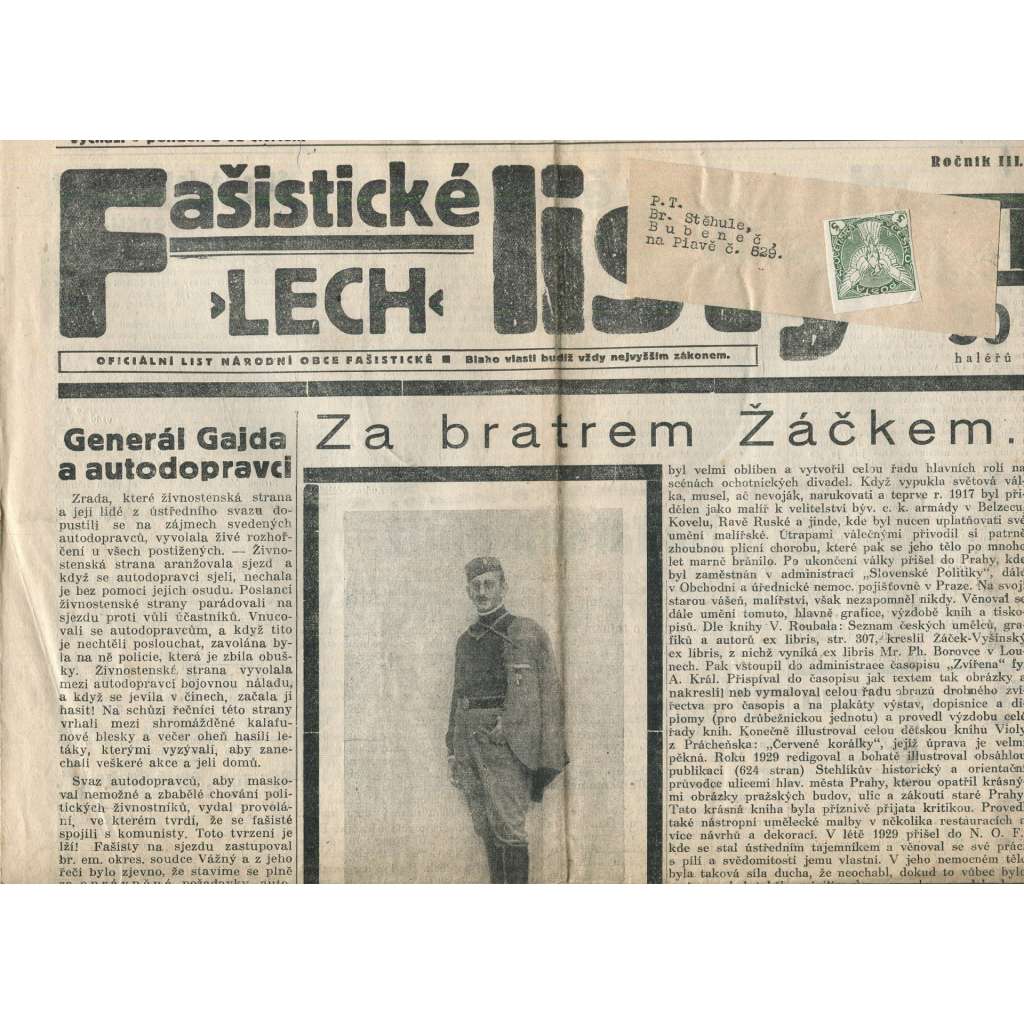 Fašistické listy, ročník III., číslo 7/1933. Oficiální list Národní obce fašistické (noviny, pravicová literatura, 1. republika)