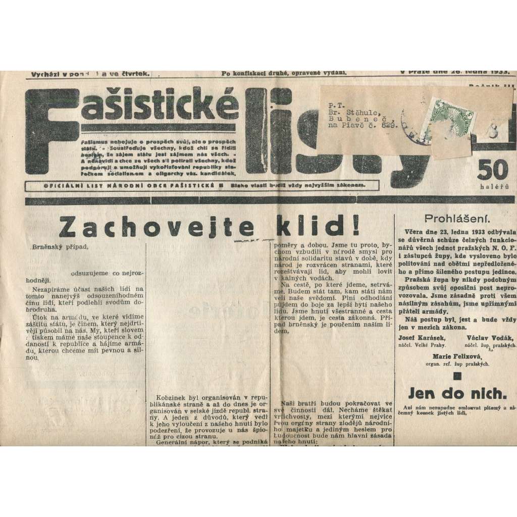 Fašistické listy, ročník III., číslo 8/1933. Oficiální list Národní obce fašistické (noviny, pravicová literatura, 1. republika)