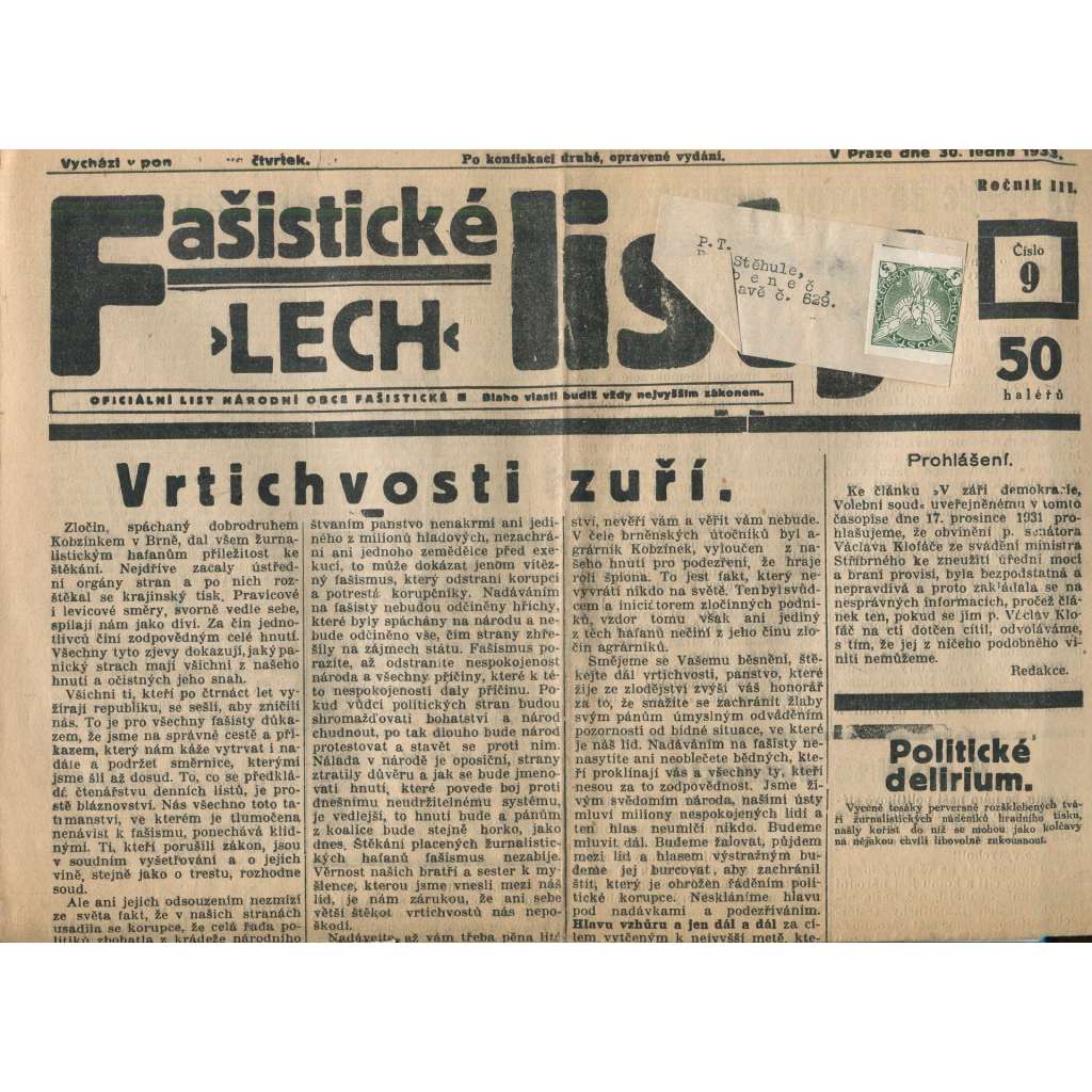 Fašistické listy, ročník III., číslo 9/1933. Oficiální list Národní obce fašistické (noviny, pravicová literatura, 1. republika)