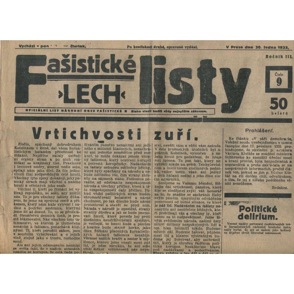 Fašistické listy, ročník III., číslo 9/1933. Oficiální list Národní obce fašistické (noviny, pravicová literatura, 1. republika)