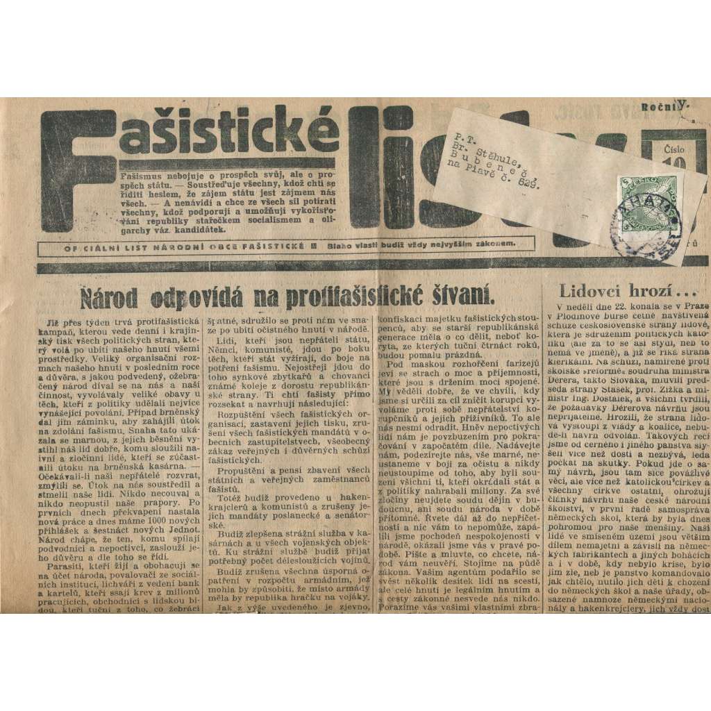 Fašistické listy, ročník III., číslo 10/1933. Oficiální list Národní obce fašistické (noviny, pravicová literatura, 1. republika)