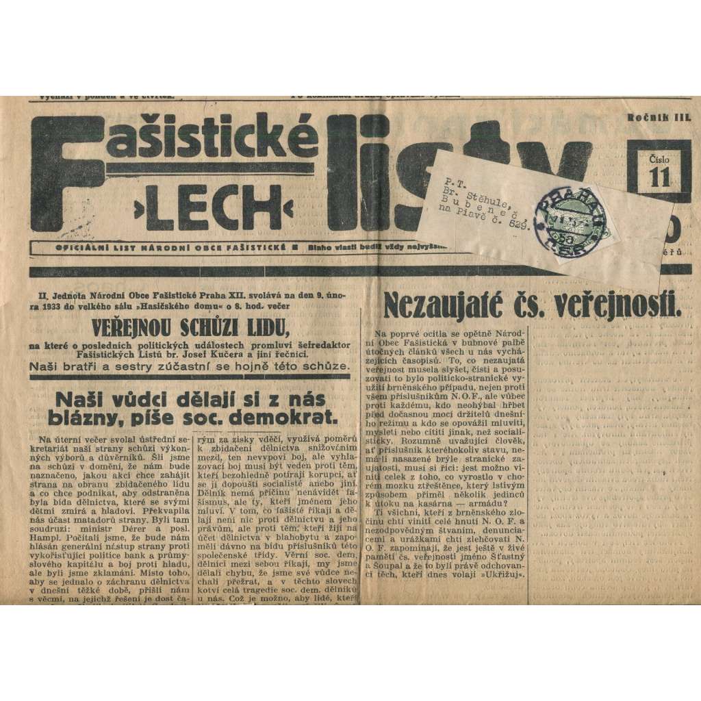 Fašistické listy, ročník III., číslo 11/1933. Oficiální list Národní obce fašistické (noviny, pravicová literatura, 1. republika)