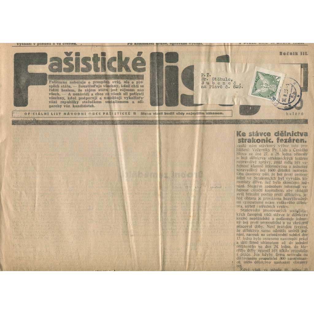 Fašistické listy, ročník III., číslo 12/1933. Oficiální list Národní obce fašistické (noviny, pravicová literatura, 1. republika)
