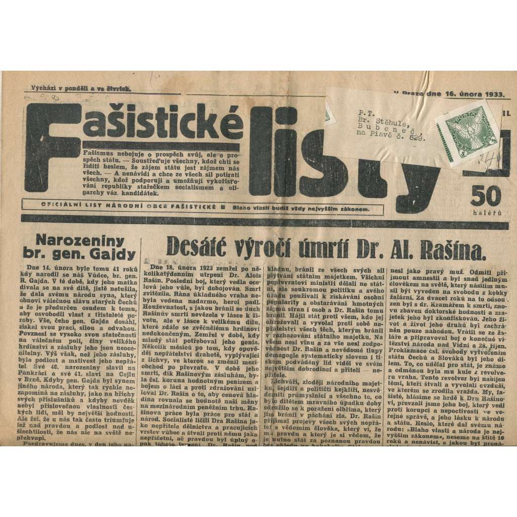 Fašistické listy, ročník III., číslo 14/1933. Oficiální list Národní obce fašistické (noviny, pravicová literatura, 1. republika)