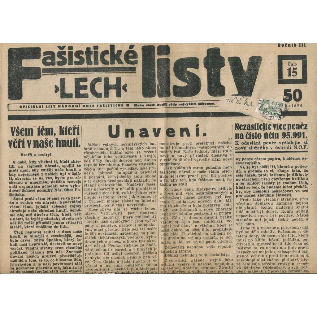 Fašistické listy, ročník III., číslo 15/1933. Oficiální list Národní obce fašistické (noviny, pravicová literatura, 1. republika)