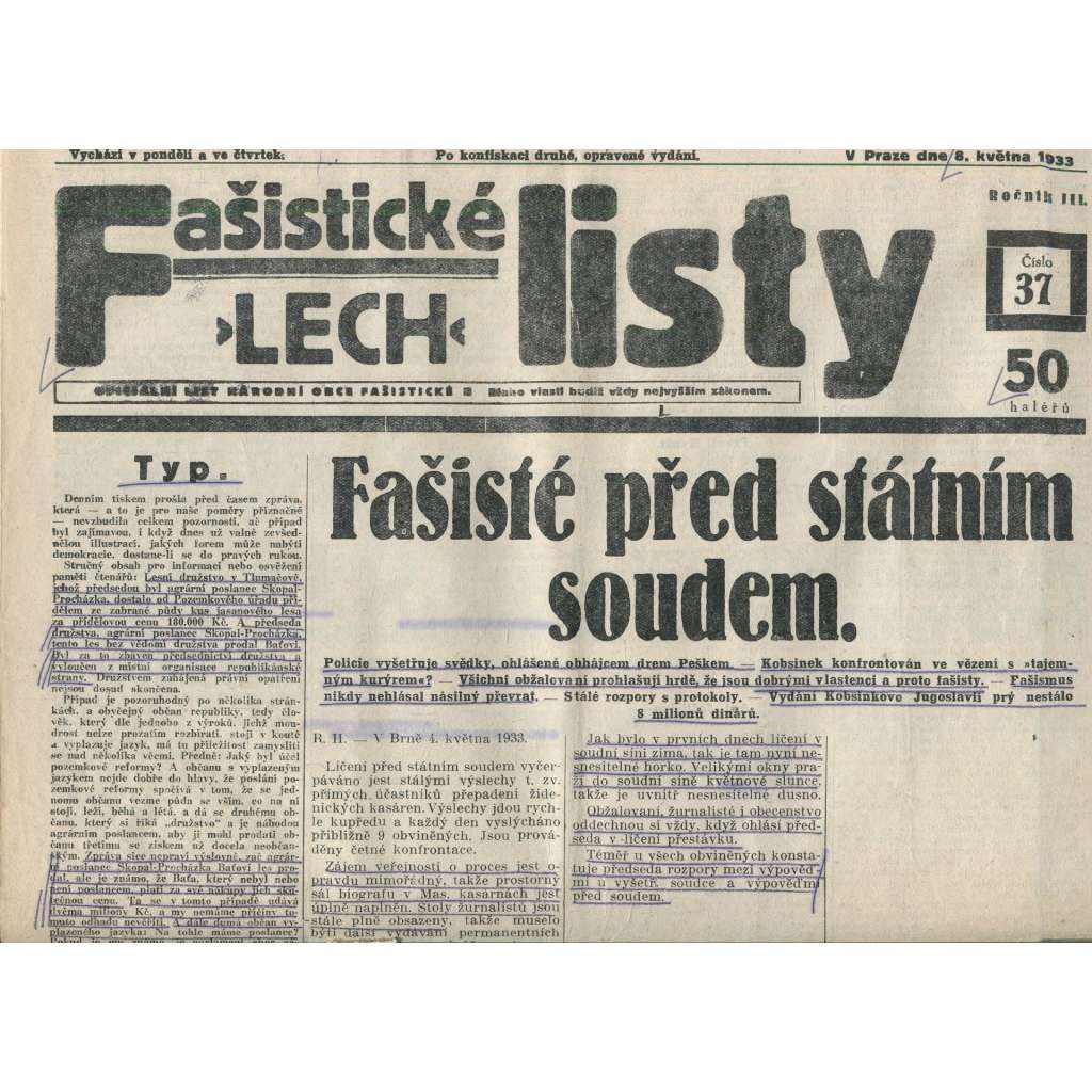 Fašistické listy, ročník III., číslo 37/1933. Oficiální list Národní obce fašistické (noviny, pravicová literatura, 1. republika)