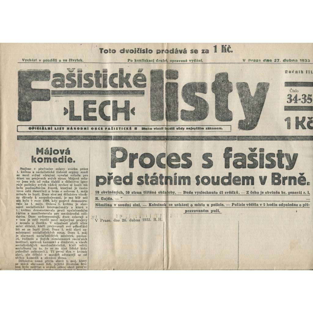 Fašistické listy, ročník III., číslo 34-35/1933. Oficiální list Národní obce fašistické (noviny, pravicová literatura, 1. republika)