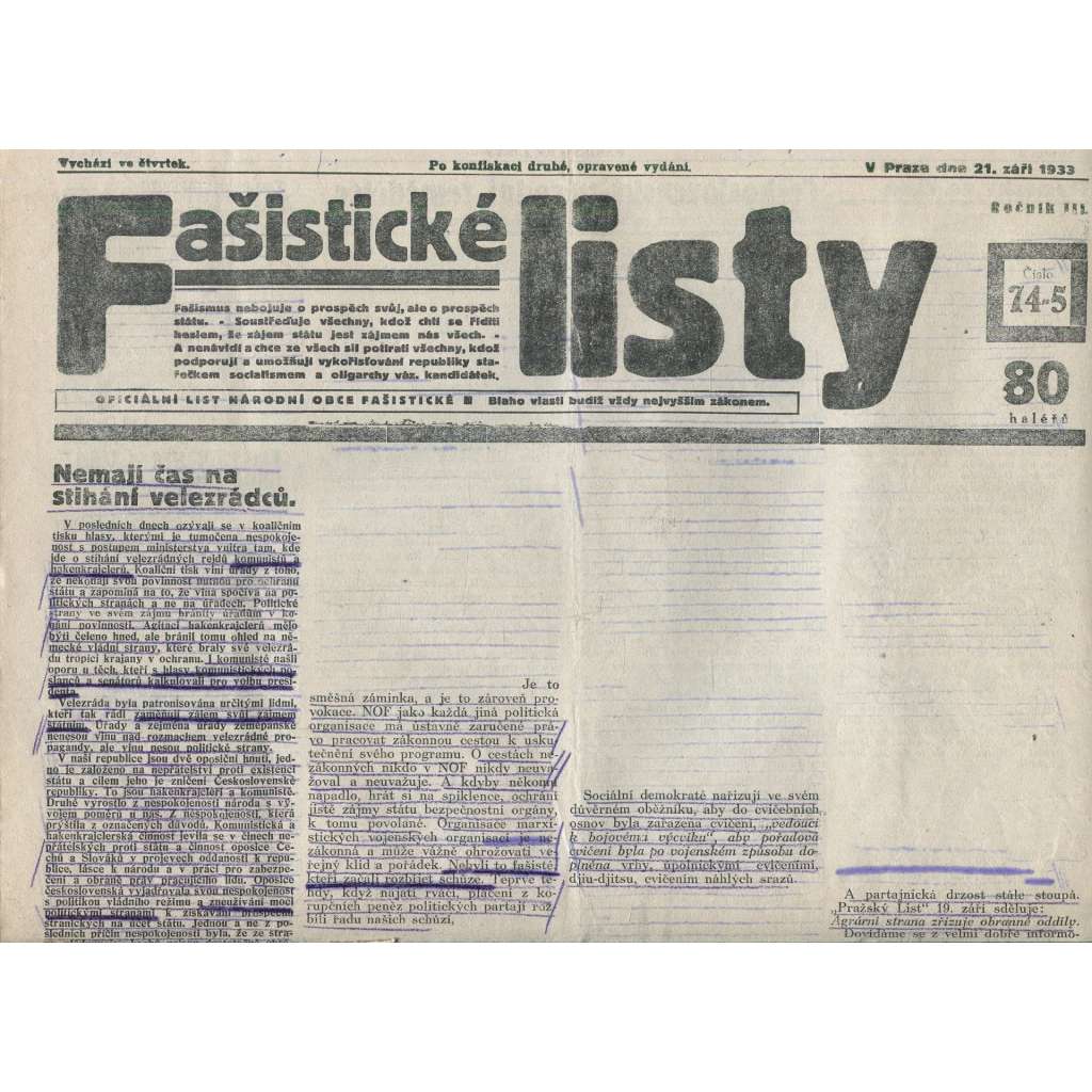 Fašistické listy, ročník III., číslo 74-75/1933. Oficiální list Národní obce fašistické (noviny, pravicová literatura, 1. republika)