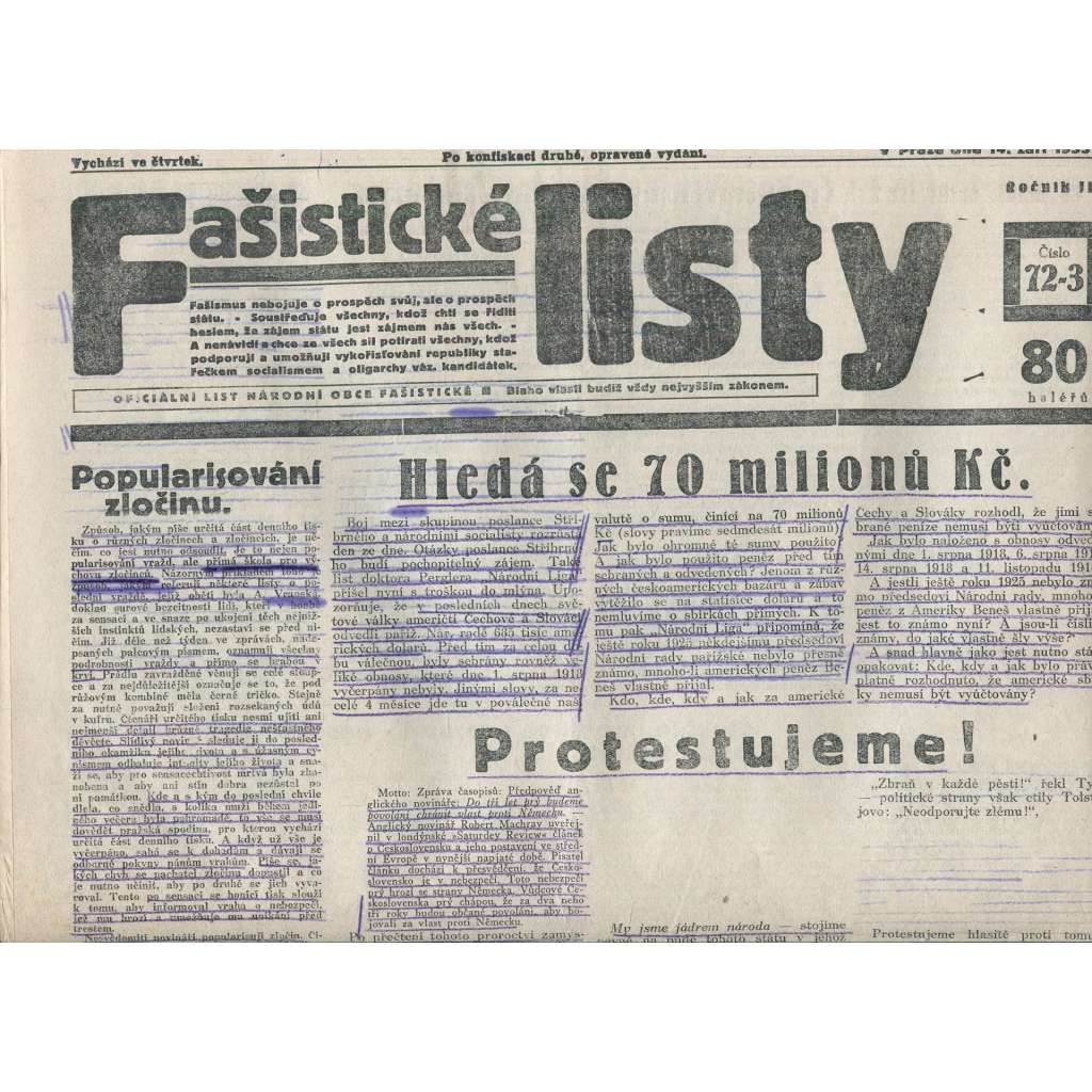 Fašistické listy, ročník III., číslo 72-73/1933. Oficiální list Národní obce fašistické (noviny, pravicová literatura, 1. republika)
