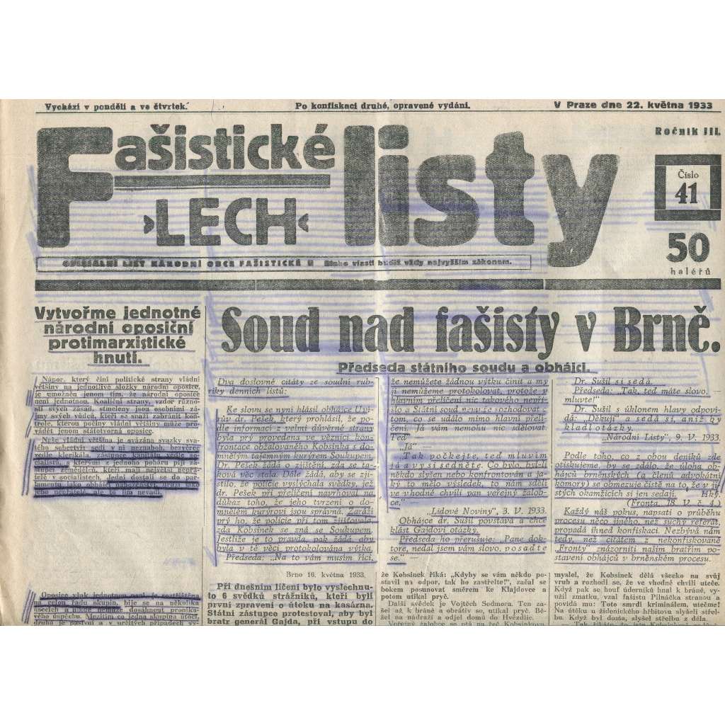 Fašistické listy, ročník III., číslo 41/1933. Oficiální list Národní obce fašistické (noviny, pravicová literatura, 1. republika)