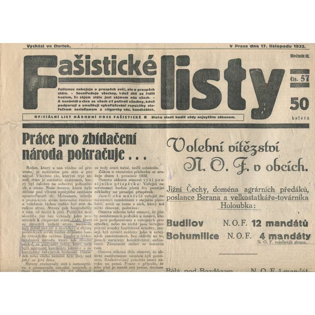 Fašistické listy, ročník II., číslo 57/1932. Oficiální list Národní obce fašistické (noviny, pravicová literatura, 1. republika)