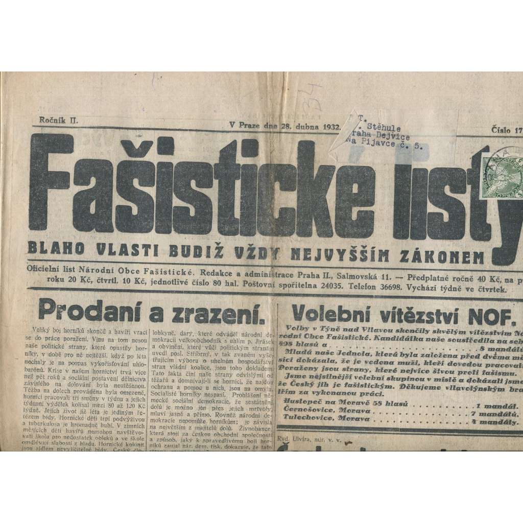 Fašistické listy, ročník II., číslo 17/1932. Oficiální list Národní obce fašistické (noviny, pravicová literatura, 1. republika)