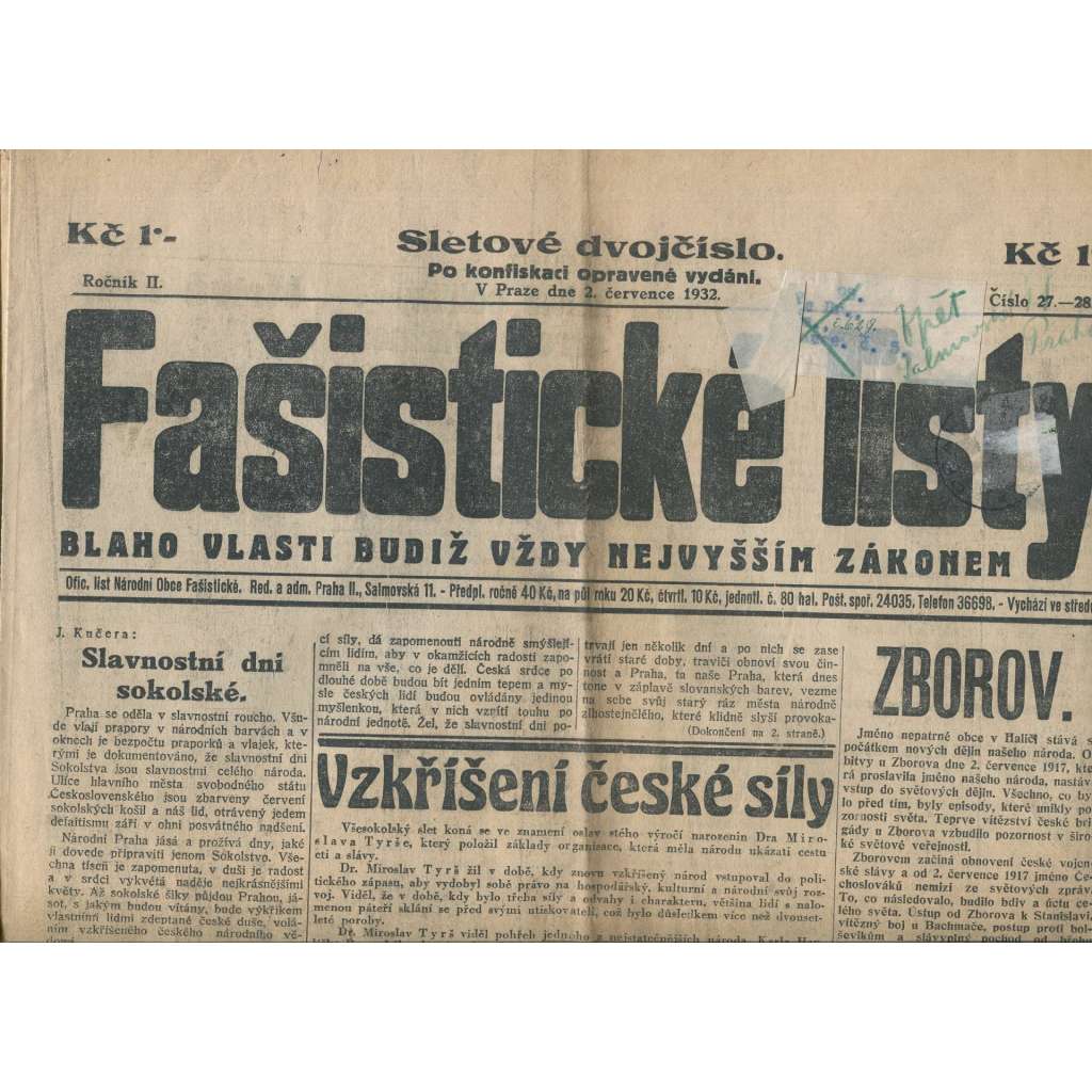 Fašistické listy, ročník II., číslo 27-28/1932. Oficiální list Národní obce fašistické (noviny, pravicová literatura, 1. republika)