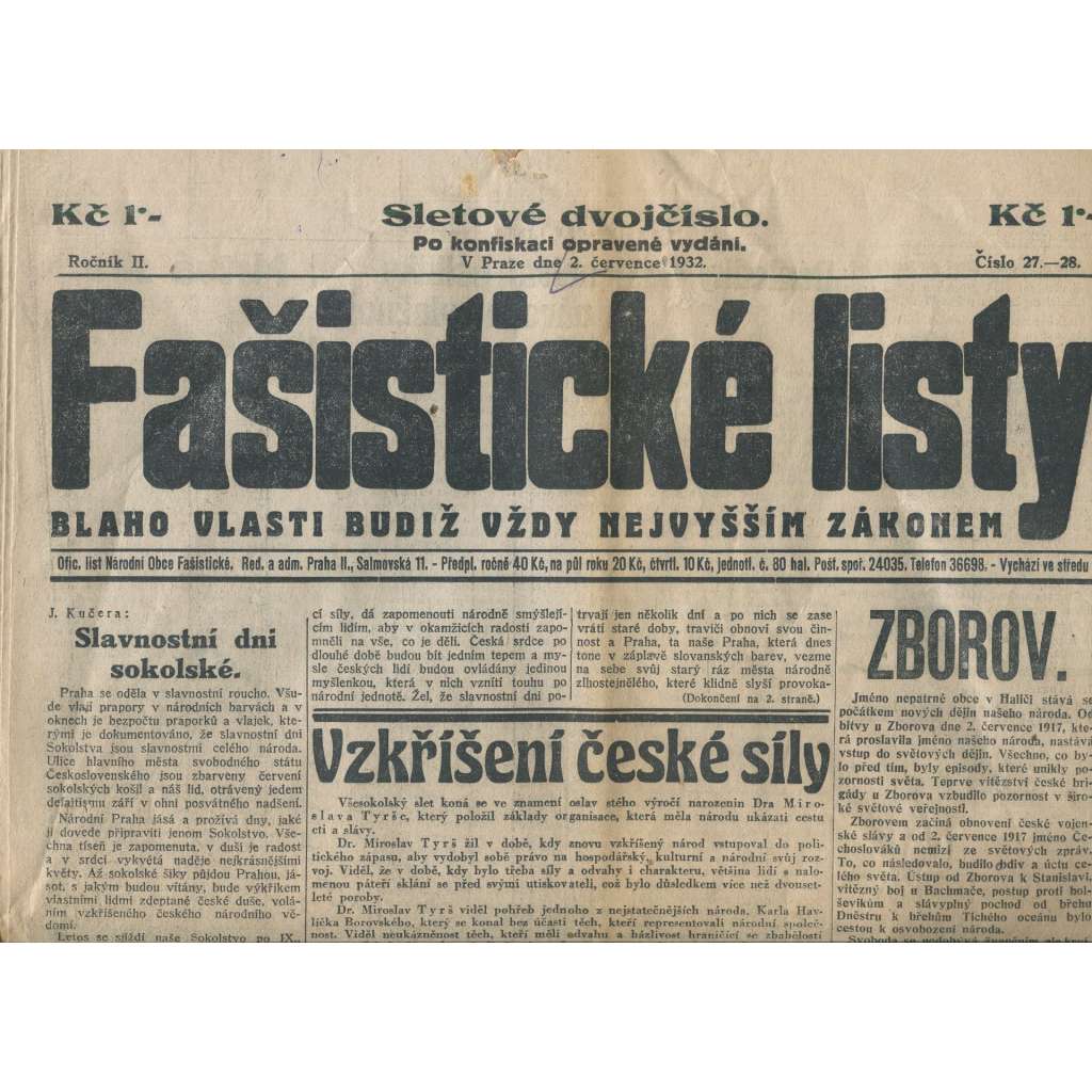 Fašistické listy, ročník II., číslo 27-28/1932. Oficiální list Národní obce fašistické (noviny, pravicová literatura, 1. republika)