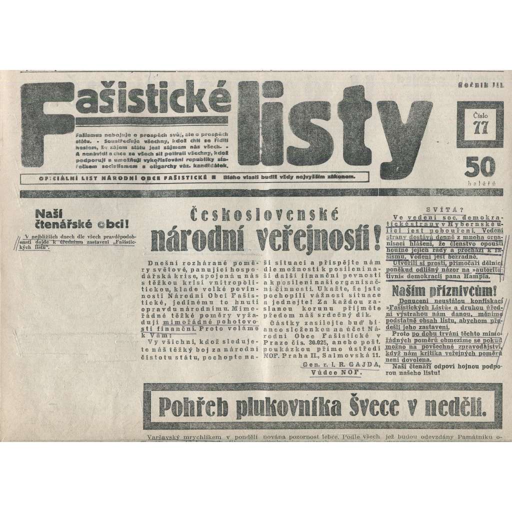 Fašistické listy, ročník III., číslo 77/1933. Oficiální list Národní obce fašistické (noviny, pravicová literatura, 1. republika)