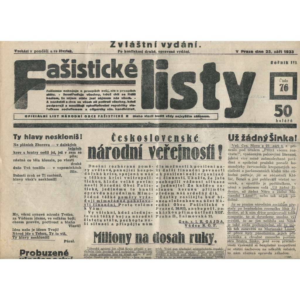 Fašistické listy, ročník III., číslo 76/1933. Oficiální list Národní obce fašistické (noviny, pravicová literatura, 1. republika)